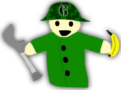 The logo of oryrki.is is a badly drawn soldier holding cruch in one hand and a banana in the other